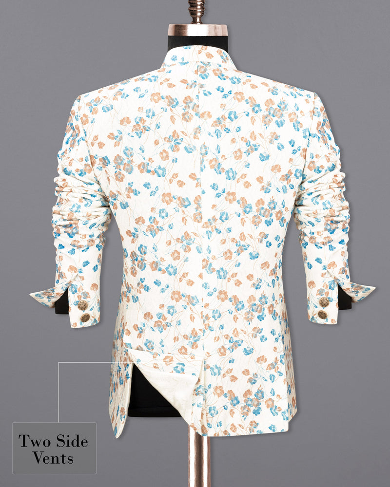 Bright White Floral and Leaves Textured Cross Buttoned Bandhgala Designer Blazer