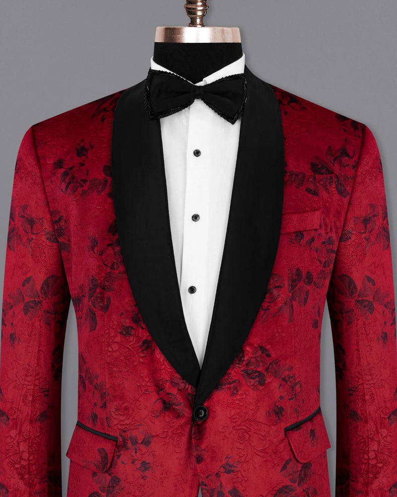 Cardinal Red Floral Textured Designer Tuxedo Blazer