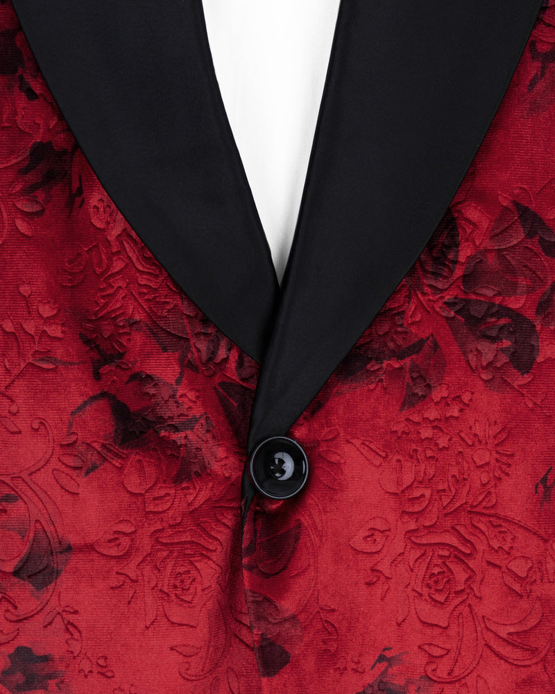 Cardinal Red Floral Textured Designer Tuxedo Blazer