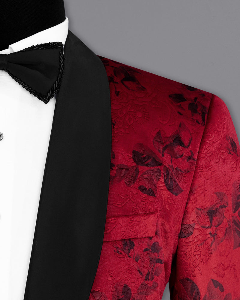 Cardinal Red Floral Textured Designer Tuxedo Blazer