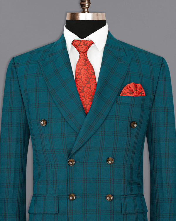 Deep Teal Plaid Double Breasted Blazer