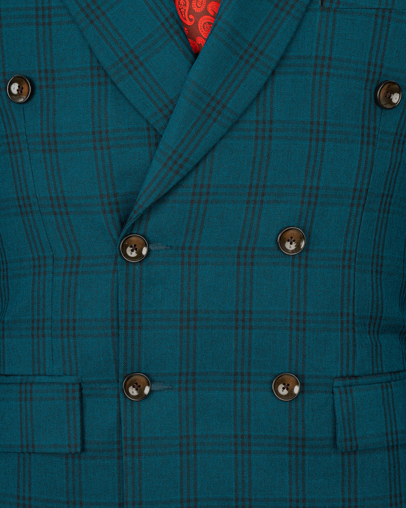 Deep Teal Plaid Double Breasted Blazer
