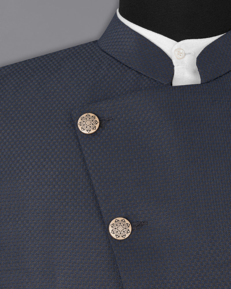 Limed Spruce Geometric Textured Cross Buttoned Bandhgala Blazer