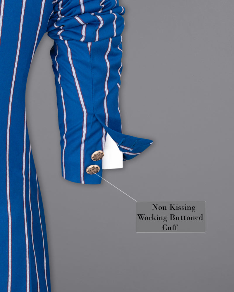 Royal Azure with wenge colour Striped Cross Buttoned Bandhgala Blazer