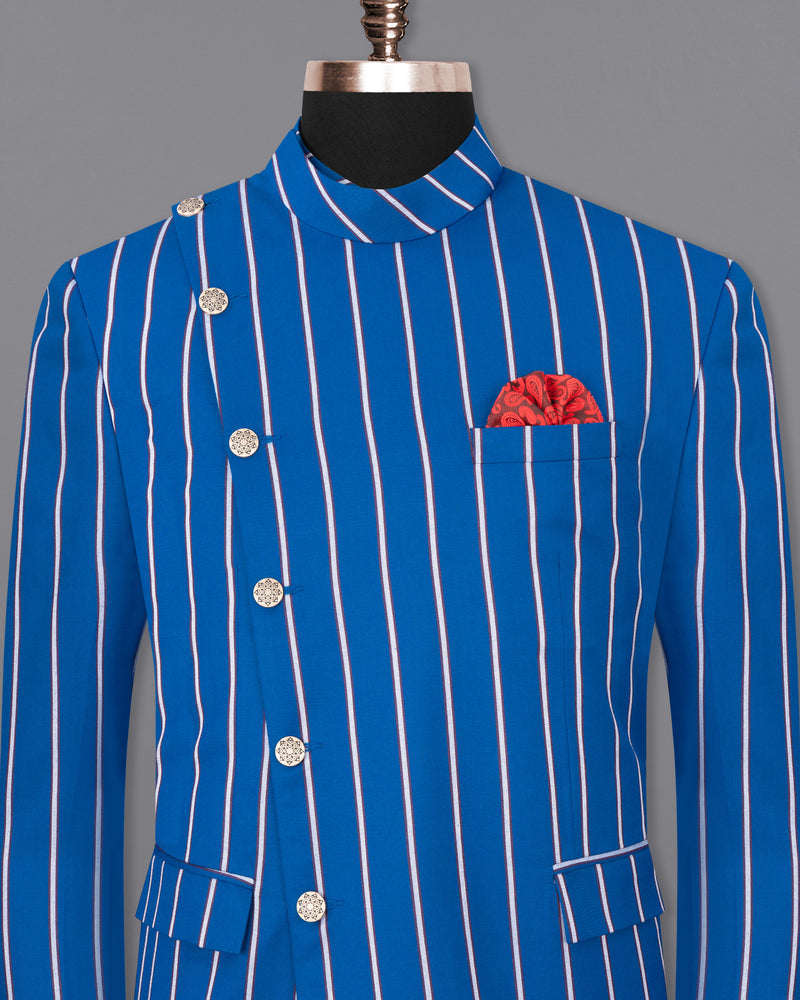 Royal Azure with wenge colour Striped Cross Buttoned Bandhgala Blazer