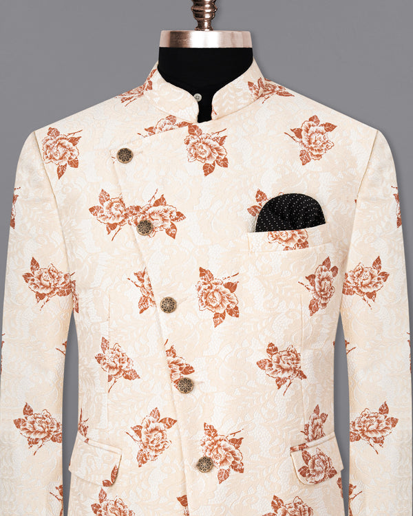 Pearl Bush Floral Printed and Textured Cross-Buttoned Bandhgala Blazer