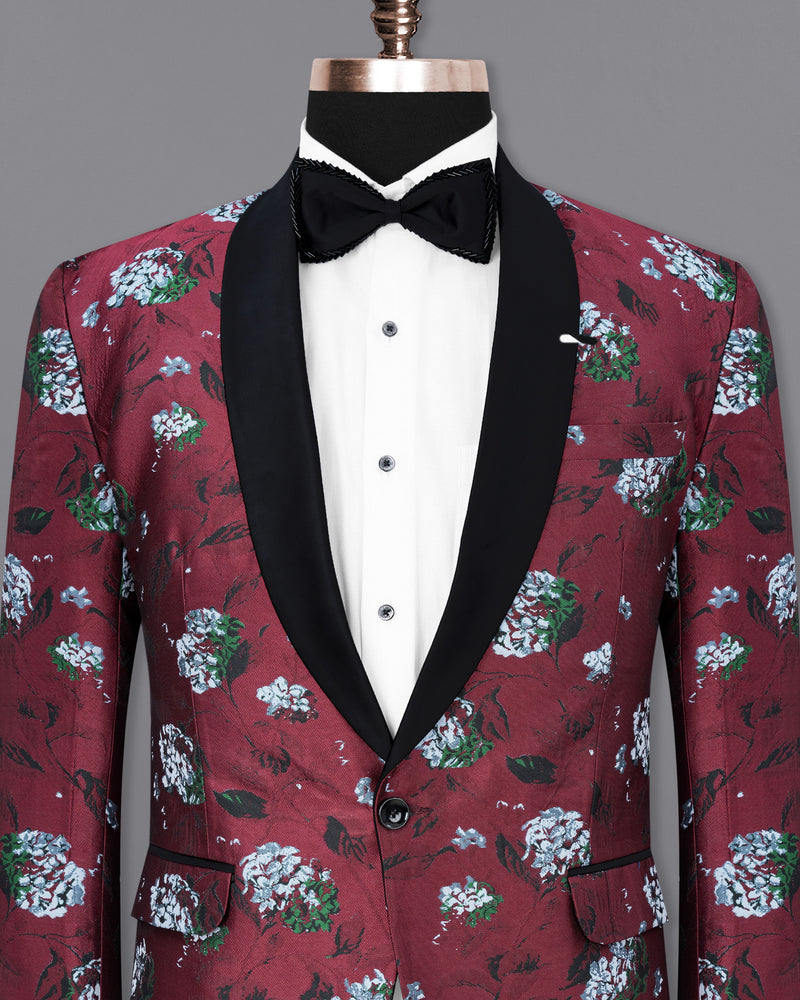 Aubergine Floral Printed and Textured Tuxedo Blazer