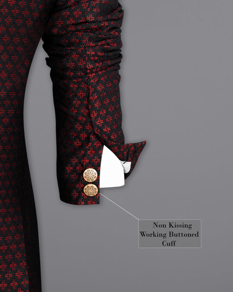Claret Red and Jade Black Houndstooth Texture Cross Buttoned Bandhgala Blazer