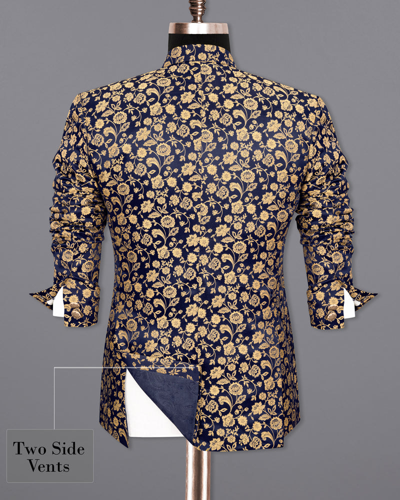 Ebony Clay Floral Jacquard Cross Buttoned Bandhgala Blazer
