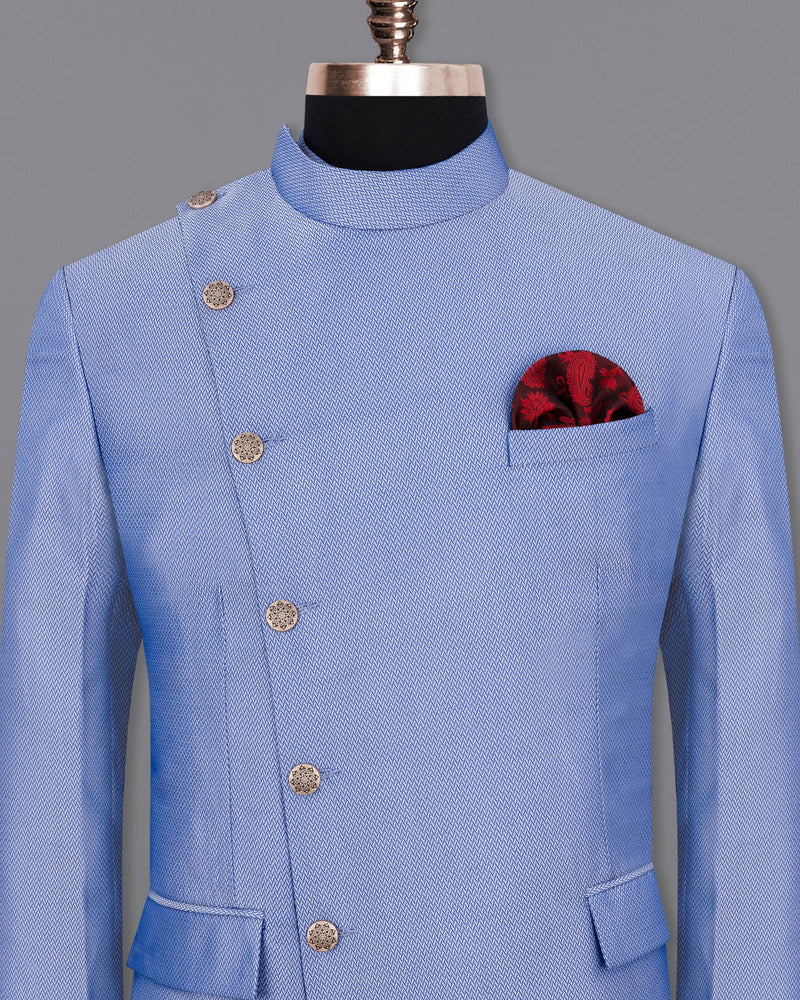Perano Blue Chevron Textured Cross Buttoned Bandhgala Designer Blazer