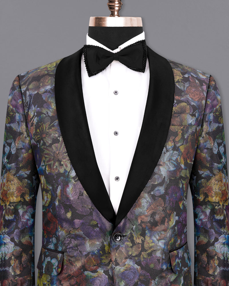 Onyx Black With Multicolour Retro Floral Designer Tuxedo Blazer