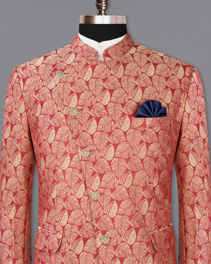 Chestnut Pink and Negroni Leaves Pattern Cross-Buttoned Bandhgala Designer Blazer