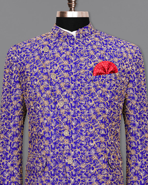 Sapphire Blue and Fawn Embroidery Cross-Buttoned Bandhgala Designer Blazer