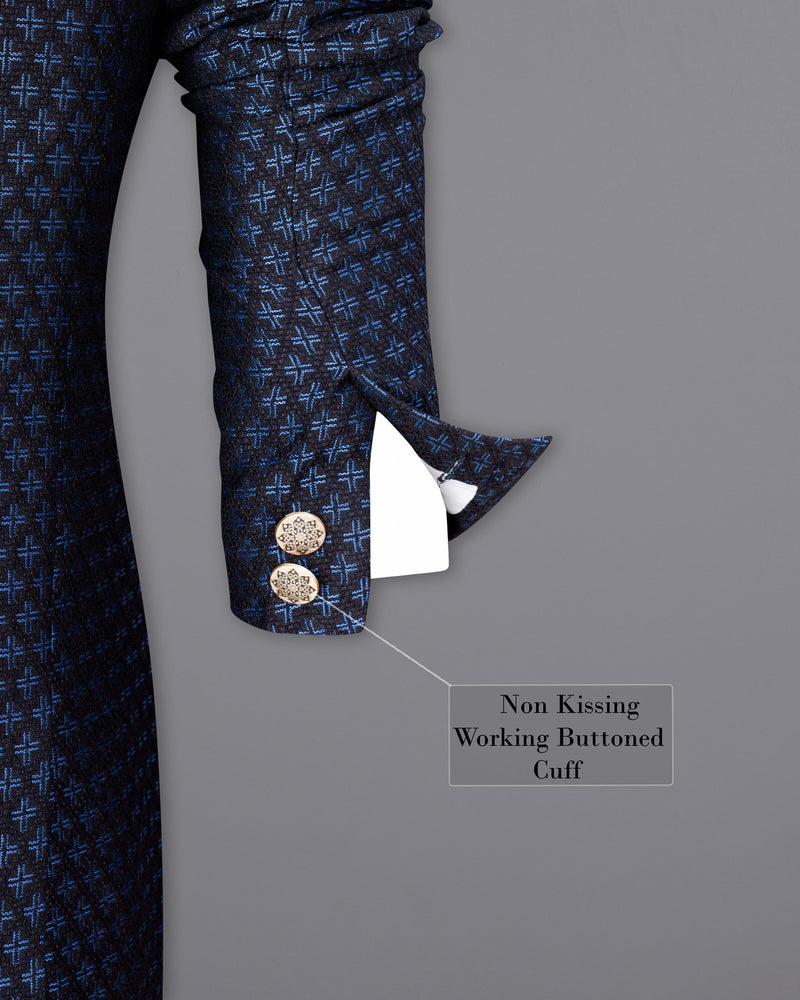 Jade Black and Mariner Blue Plus sign Textured Cross-Button Bandhgala Designer Blazer
