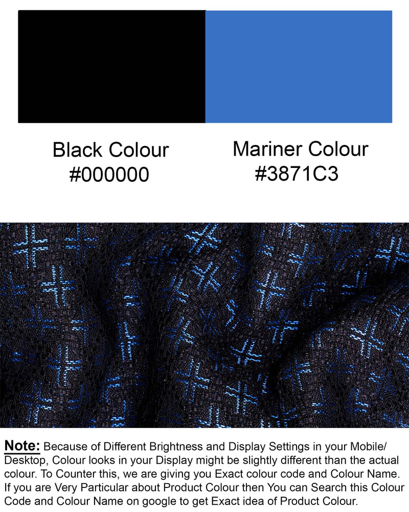 Jade Black and Mariner Blue Plus sign Textured Cross-Button Bandhgala Designer Blazer