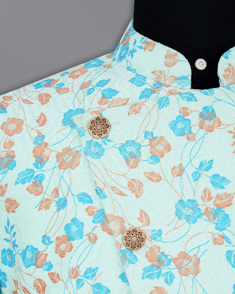 Mint Tulip and Tiffany Blue Floral Printed Cross-Button Bandhgala Designer Blazer