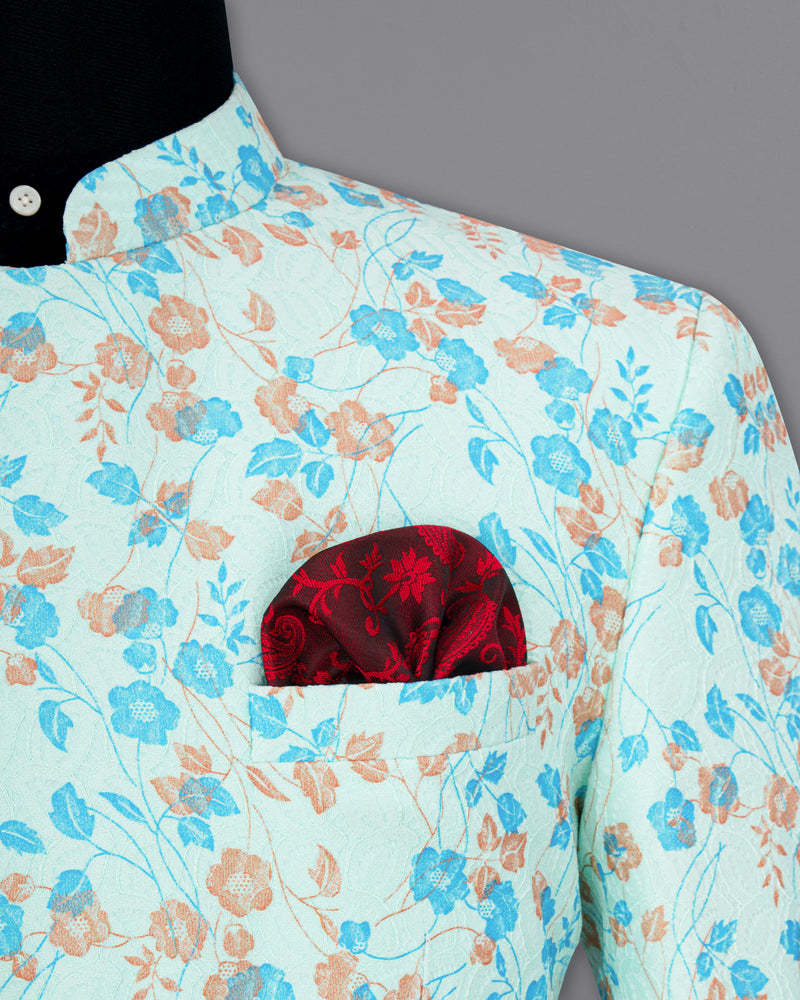 Mint Tulip and Tiffany Blue Floral Printed Cross-Button Bandhgala Designer Blazer