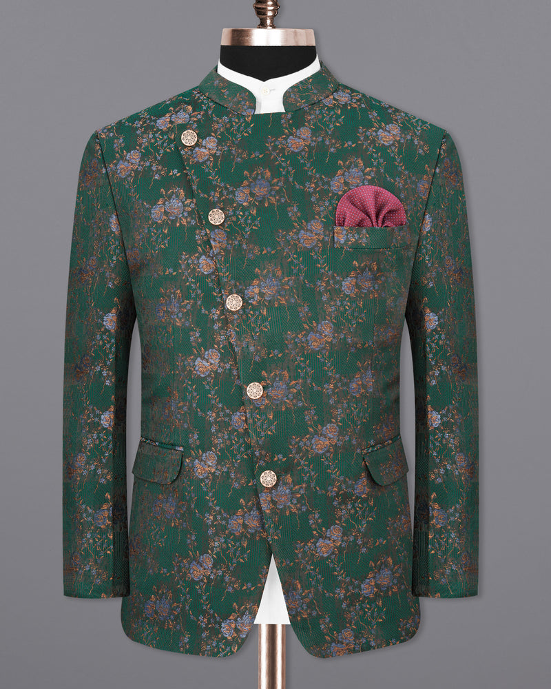 Everglade Green Floral Textured Cross Buttoned Bandhgala Designer Blazer