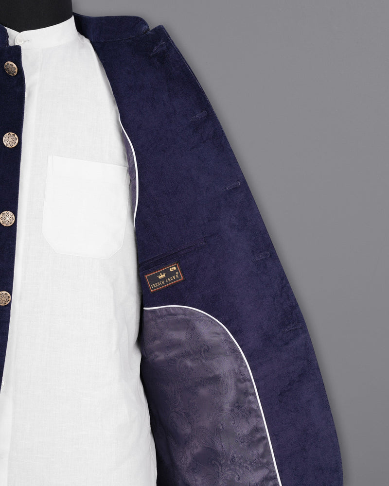 Tolopea Navy Blue Cross Buttoned Bandhgala Corduroy Premium Cotton Designer Blazer