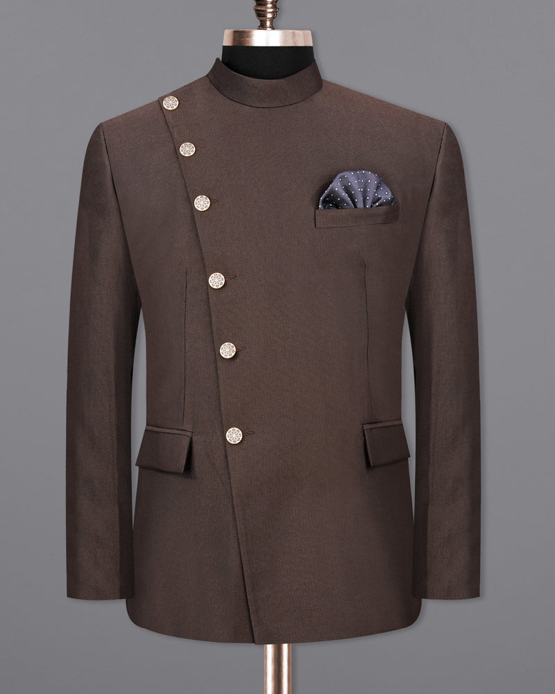 English Walnut Brown Cross Buttoned Bandhgala Blazer