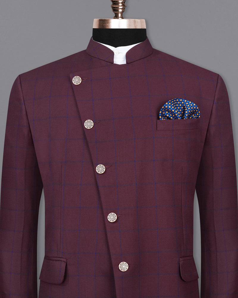 Wine Berry With Haiti Blue Windowpane Cross Buttoned Bandhgala Blazer BL2030-CBG-36, BL2030-CBG-38, BL2030-CBG-40, BL2030-CBG-42, BL2030-CBG-44, BL2030-CBG-46, BL2030-CBG-48, BL2030-CBG-50, BL2030-CBG-52, BL2030-CBG-54, BL2030-CBG-56, BL2030-CBG-58, BL2030-CBG-60