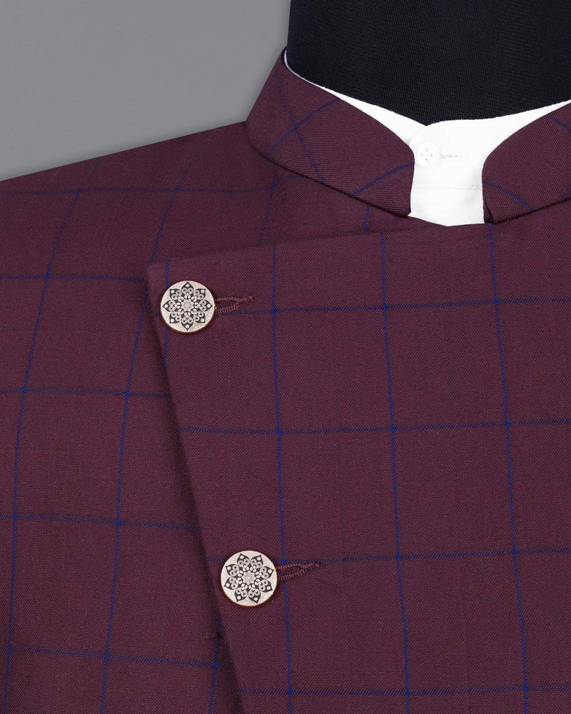 Wine Berry With Haiti Blue Windowpane Cross Buttoned Bandhgala Blazer