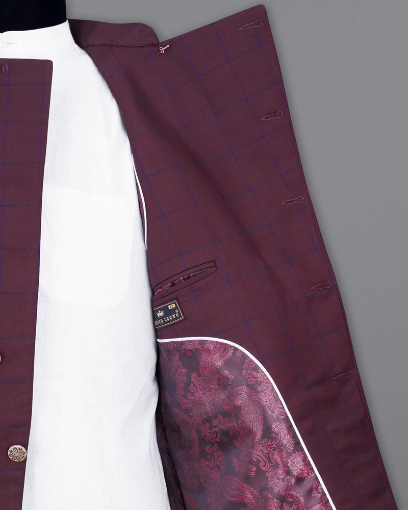 Wine Berry With Haiti Blue Windowpane Cross Buttoned Bandhgala Blazer BL2030-CBG-36, BL2030-CBG-38, BL2030-CBG-40, BL2030-CBG-42, BL2030-CBG-44, BL2030-CBG-46, BL2030-CBG-48, BL2030-CBG-50, BL2030-CBG-52, BL2030-CBG-54, BL2030-CBG-56, BL2030-CBG-58, BL2030-CBG-60