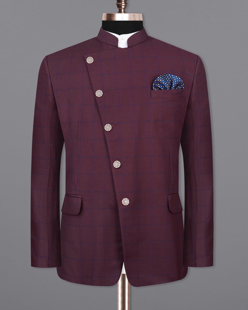 Wine Berry With Haiti Blue Windowpane Cross Buttoned Bandhgala Blazer BL2030-CBG-36, BL2030-CBG-38, BL2030-CBG-40, BL2030-CBG-42, BL2030-CBG-44, BL2030-CBG-46, BL2030-CBG-48, BL2030-CBG-50, BL2030-CBG-52, BL2030-CBG-54, BL2030-CBG-56, BL2030-CBG-58, BL2030-CBG-60