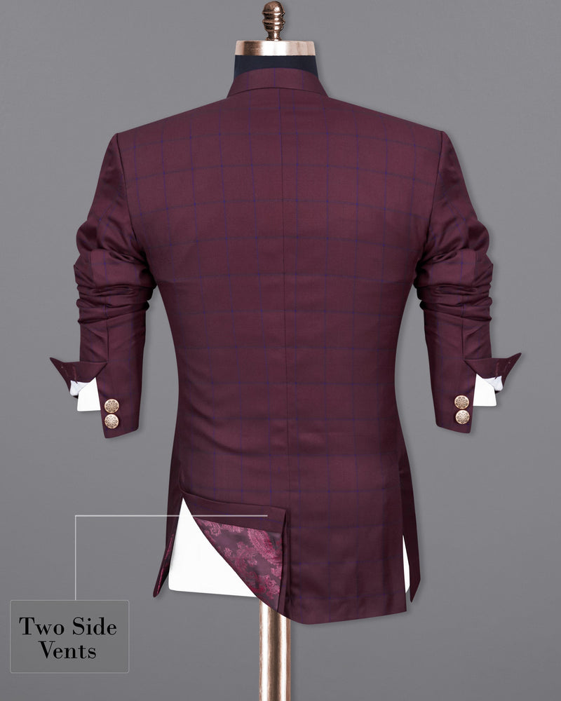 Wine Berry With Haiti Blue Windowpane Cross Buttoned Bandhgala Blazer