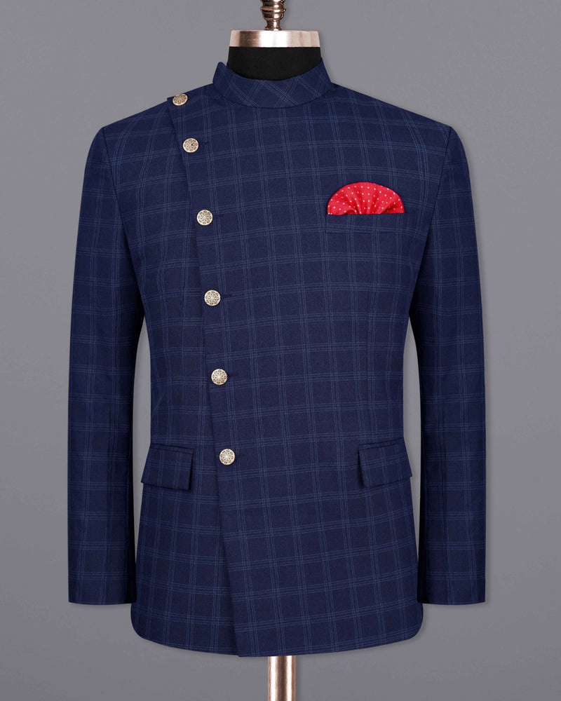 Baltic Sea Blue Windowpane Cross Buttoned Bandhgala Blazer BL2072-CBG2-36, BL2072-CBG2-38, BL2072-CBG2-40, BL2072-CBG2-42, BL2072-CBG2-44, BL2072-CBG2-46, BL2072-CBG2-48, BL2072-CBG2-50, BL2072-CBG2-52, BL2072-CBG2-54, BL2072-CBG2-56, BL2072-CBG2-58, BL2072-CBG2-60