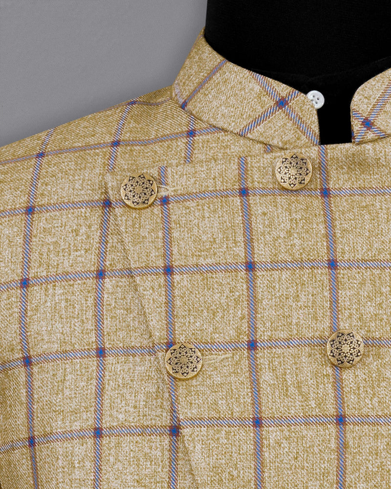 Mongoose Brown with Dianne Blue Windowpane Cross Buttoned Bandhgala Blazer
