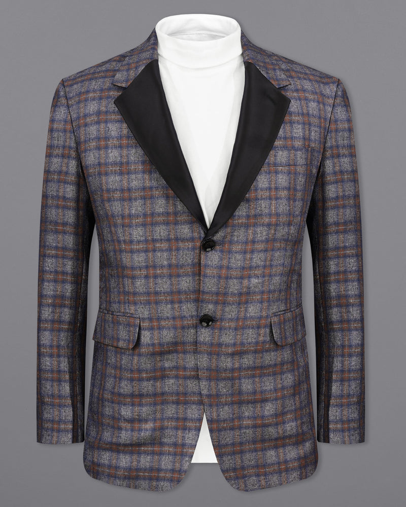 Fuscous Gray Checkered Single Breasted Black Lapel Designer Blazer BL2144-SB-BKPL-36, BL2144-SB-BKPL-38, BL2144-SB-BKPL-40, BL2144-SB-BKPL-42, BL2144-SB-BKPL-44, BL2144-SB-BKPL-46, BL2144-SB-BKPL-48, BL2144-SB-BKPL-50, BL2144-SB-BKPL-52, BL2144-SB-BKPL-54, BL2144-SB-BKPL-56, BL2144-SB-BKPL-58, BL2144-SB-BKPL-60