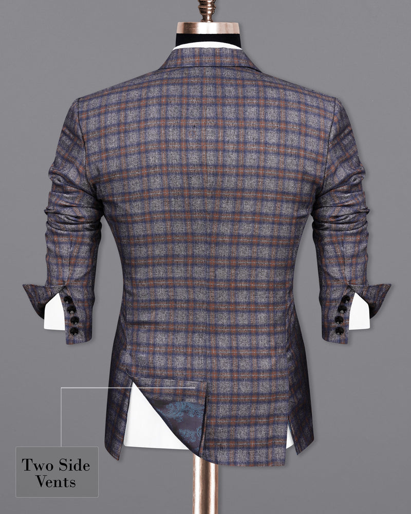 Fuscous Gray Checkered Single Breasted Black Lapel Designer Blazer BL2144-SB-BKPL-36, BL2144-SB-BKPL-38, BL2144-SB-BKPL-40, BL2144-SB-BKPL-42, BL2144-SB-BKPL-44, BL2144-SB-BKPL-46, BL2144-SB-BKPL-48, BL2144-SB-BKPL-50, BL2144-SB-BKPL-52, BL2144-SB-BKPL-54, BL2144-SB-BKPL-56, BL2144-SB-BKPL-58, BL2144-SB-BKPL-60