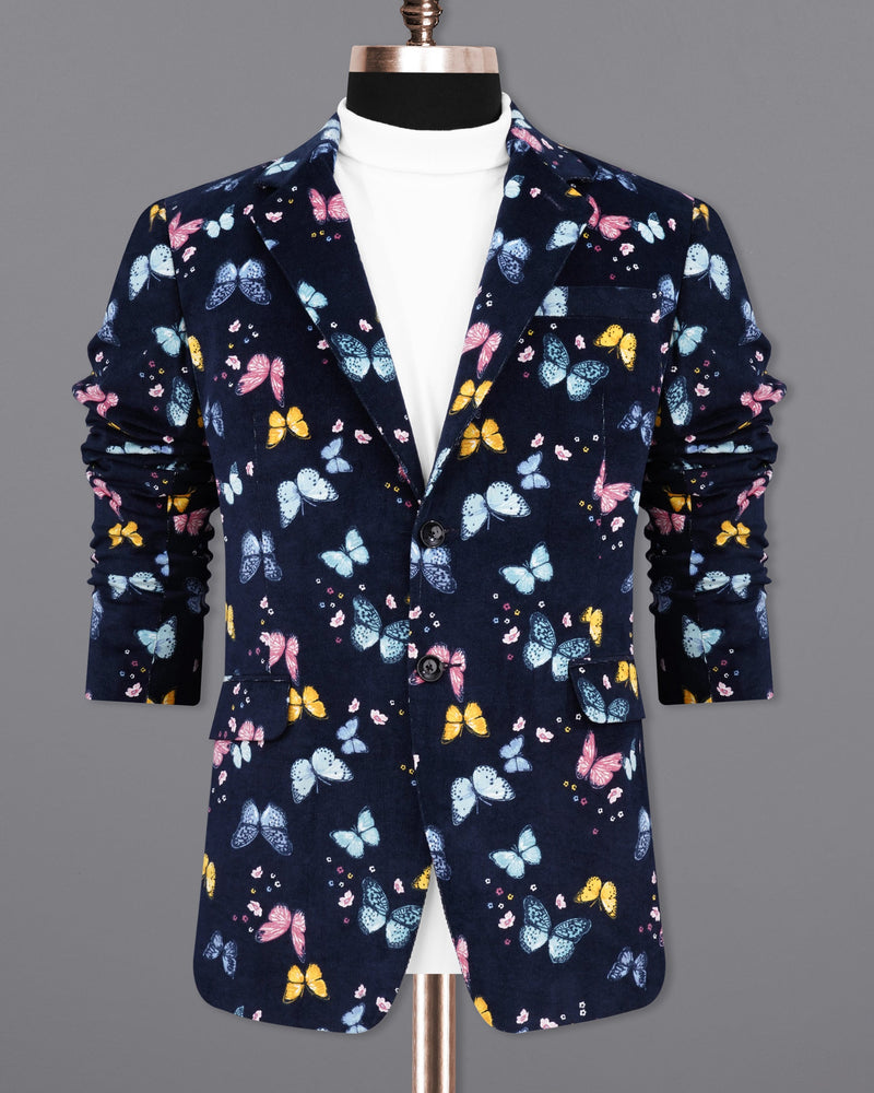 Cider Navy Blue Butterfly Printed Premium Cotton Designer Blazer BL2156-SB-36, BL2156-SB-38, BL2156-SB-40, BL2156-SB-42, BL2156-SB-44, BL2156-SB-46, BL2156-SB-48, BL2156-SB-50, BL2156-SB-52, BL2156-SB-54, BL2156-SB-56, BL2156-SB-58, BL2156-SB-60