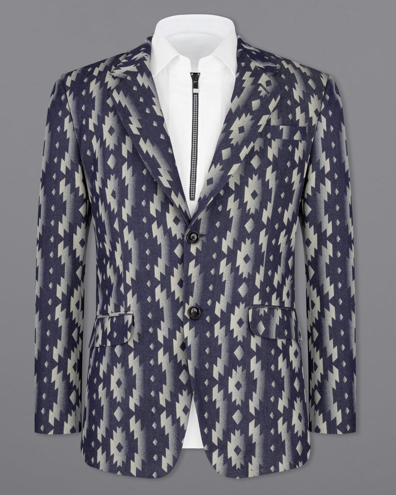 Gunmetal Blue with Nobel Cream Iktat Printed Denim Designer Blazer BL2183-SB-36, BL2183-SB-38, BL2183-SB-40, BL2183-SB-42, BL2183-SB-44, BL2183-SB-46, BL2183-SB-48, BL2183-SB-50, BL2183-SB-52, BL2183-SB-54, BL2183-SB-56, BL2183-SB-58, BL2183-SB-60	