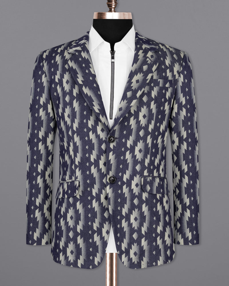 Gunmetal Blue with Nobel Cream Iktat Printed Denim Designer Blazer BL2183-SB-36, BL2183-SB-38, BL2183-SB-40, BL2183-SB-42, BL2183-SB-44, BL2183-SB-46, BL2183-SB-48, BL2183-SB-50, BL2183-SB-52, BL2183-SB-54, BL2183-SB-56, BL2183-SB-58, BL2183-SB-60	