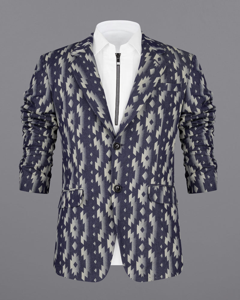 Gunmetal Blue with Nobel Cream Iktat Printed Denim Designer Blazer BL2183-SB-36, BL2183-SB-38, BL2183-SB-40, BL2183-SB-42, BL2183-SB-44, BL2183-SB-46, BL2183-SB-48, BL2183-SB-50, BL2183-SB-52, BL2183-SB-54, BL2183-SB-56, BL2183-SB-58, BL2183-SB-60	