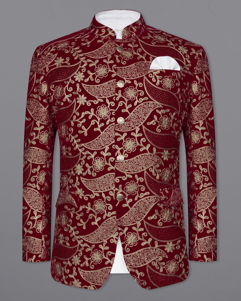 Scarlet Red with Beaver Brown Diamond Work with Cotton Thread Heavy Embroidered Bandhgala Designer Indo-Western Blazer BL2198-BG-36, BL2198-BG-38, BL2198-BG-40, BL2198-BG-42, BL2198-BG-44, BL2198-BG-46, BL2198-BG-48, BL2198-BG-50, BL2198-BG-52, BL2198-BG-54, BL2198-BG-56, BL2198-BG-58, BL2198-BG-60