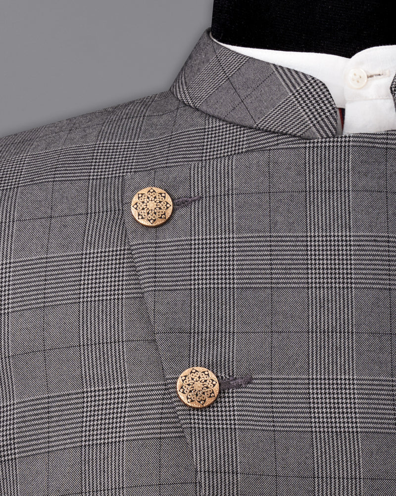 Fuscous Gray Plaid Cross Buttoned Bandhgala Blazer