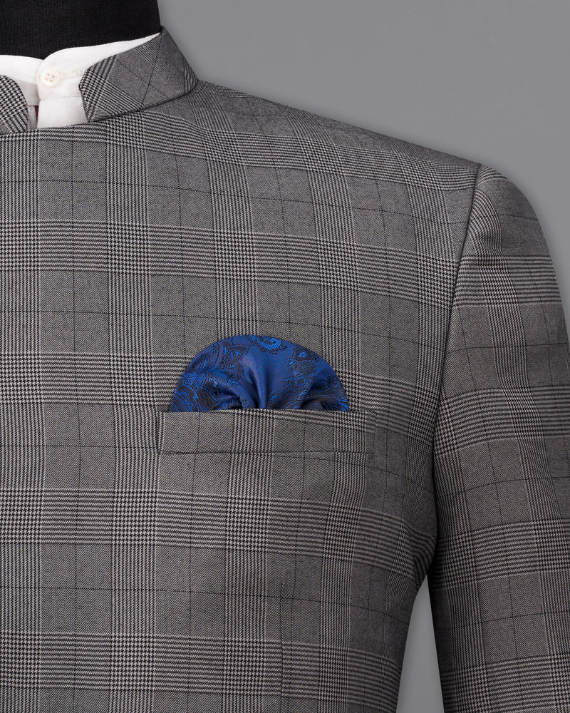 Fuscous Gray Plaid Cross Buttoned Bandhgala Blazer