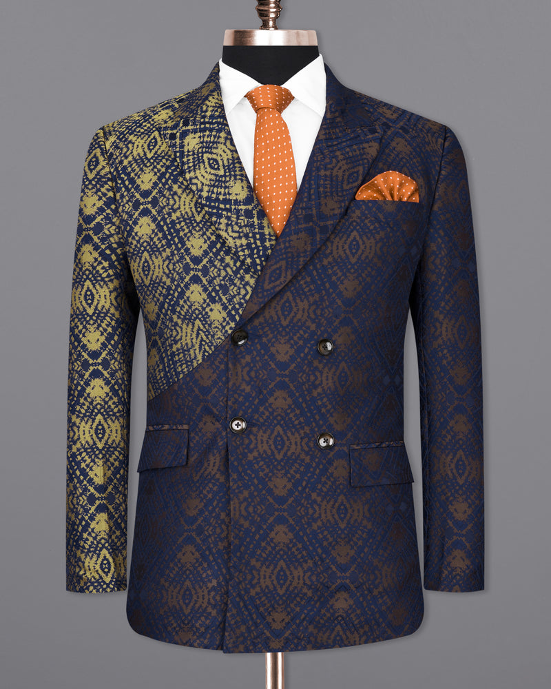 Bleached Navy Blue with Apache Gold Double Breasted Jacquard Textured Designer Blazer