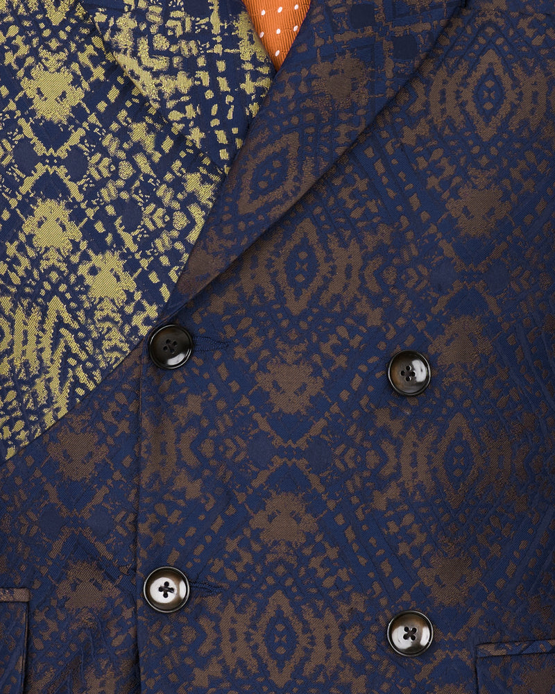 Bleached Navy Blue with Apache Gold Double Breasted Jacquard Textured Designer Blazer