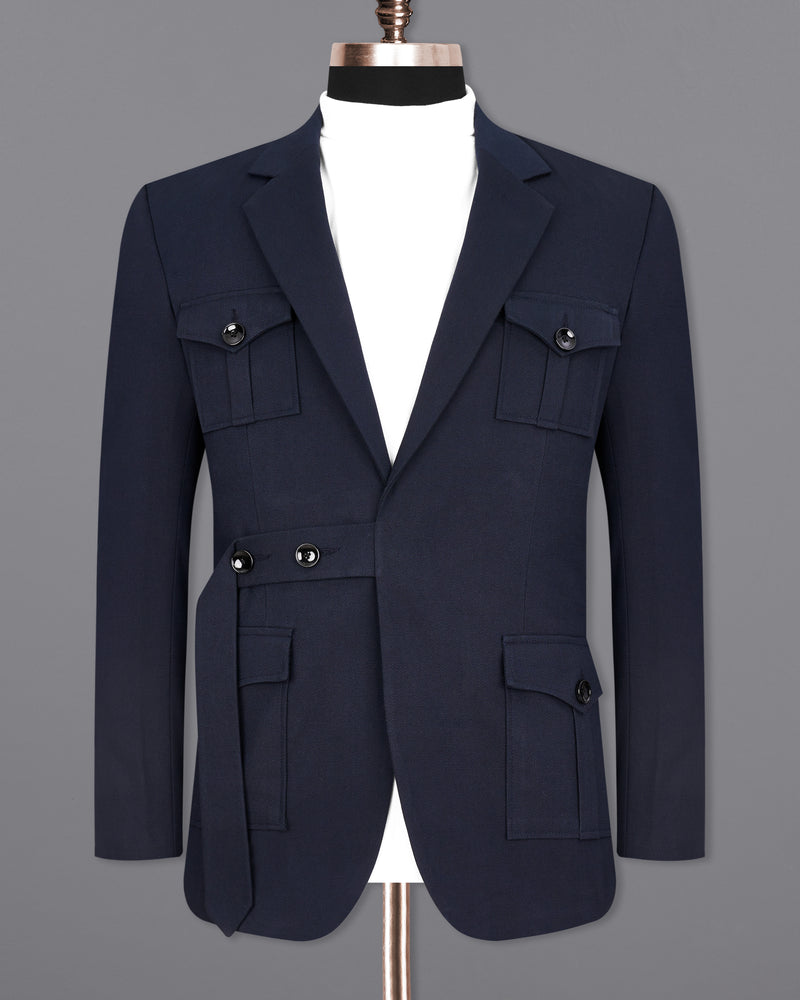 Thunder Navy Blue Premium Cotton Designer Blazer with Functional Belt Fastening