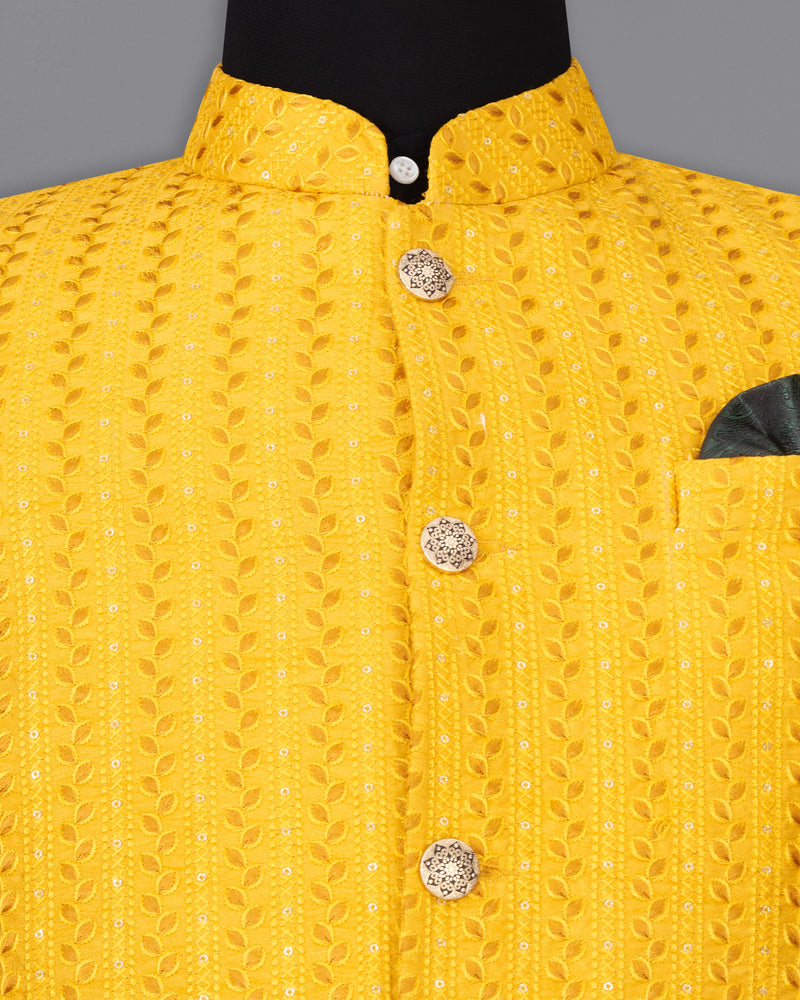 Mikado Yellow Cotton Thread Embroidered Bandhgala Blazer