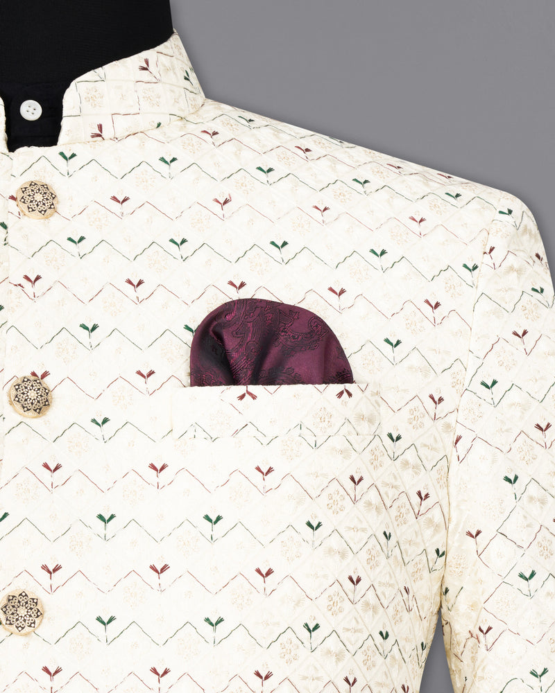 Fantasy Cream Zig Zag Cotton Thread Embroidered Bandhgala Blazer