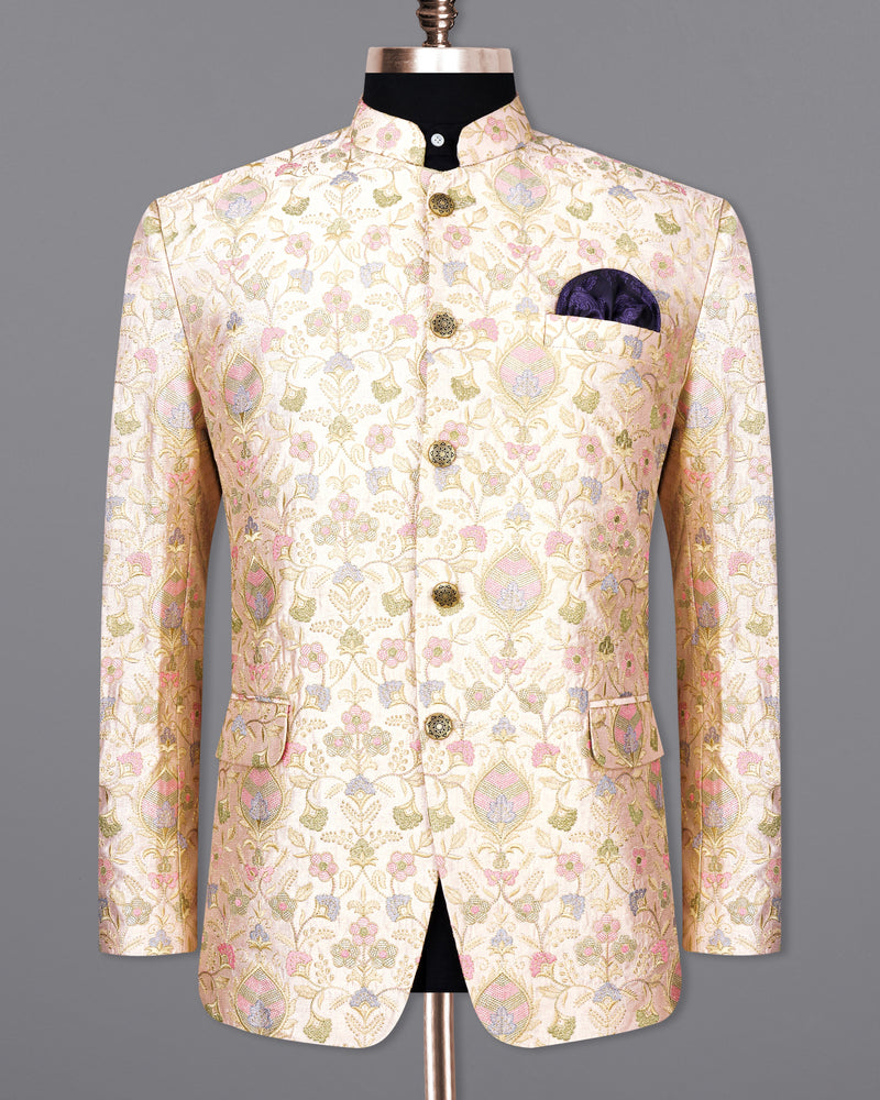 Citrine Cream Multicolour Floral Thread Embroidered Bandhgala Blazer