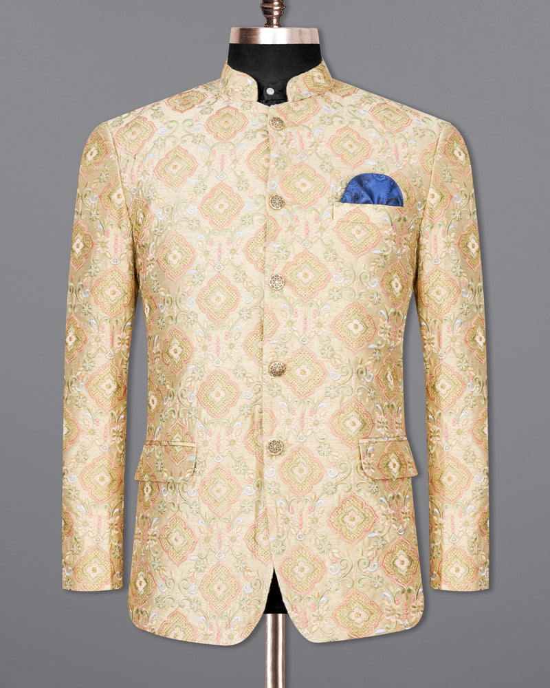 Navajo Brown with Oyster Pink and White Floral Thread Embroidered Bandhgala Blazer
