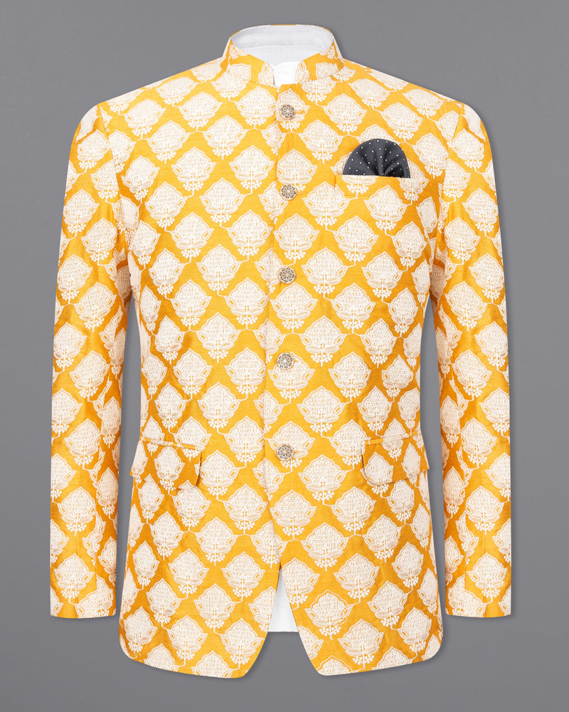 Squash Orange with White Embroidered Bandhgala Blazer