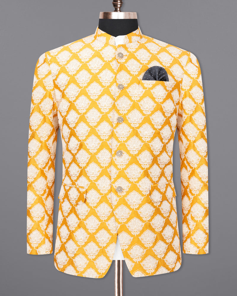 Squash Orange with White Embroidered Bandhgala Blazer