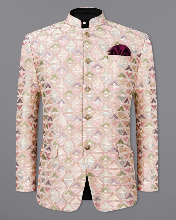 Vanilla Pink and Pixie Green Cotton Thread Embroidered Bandhgala Blazer
